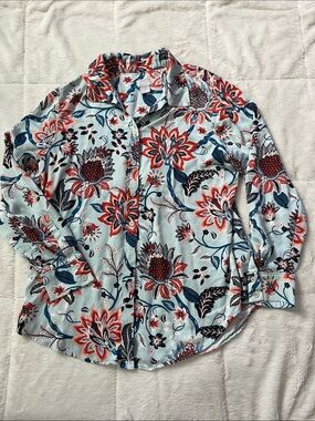 Chico's Light Blue Floral Button-Front Blouse with Red & Navy Accents